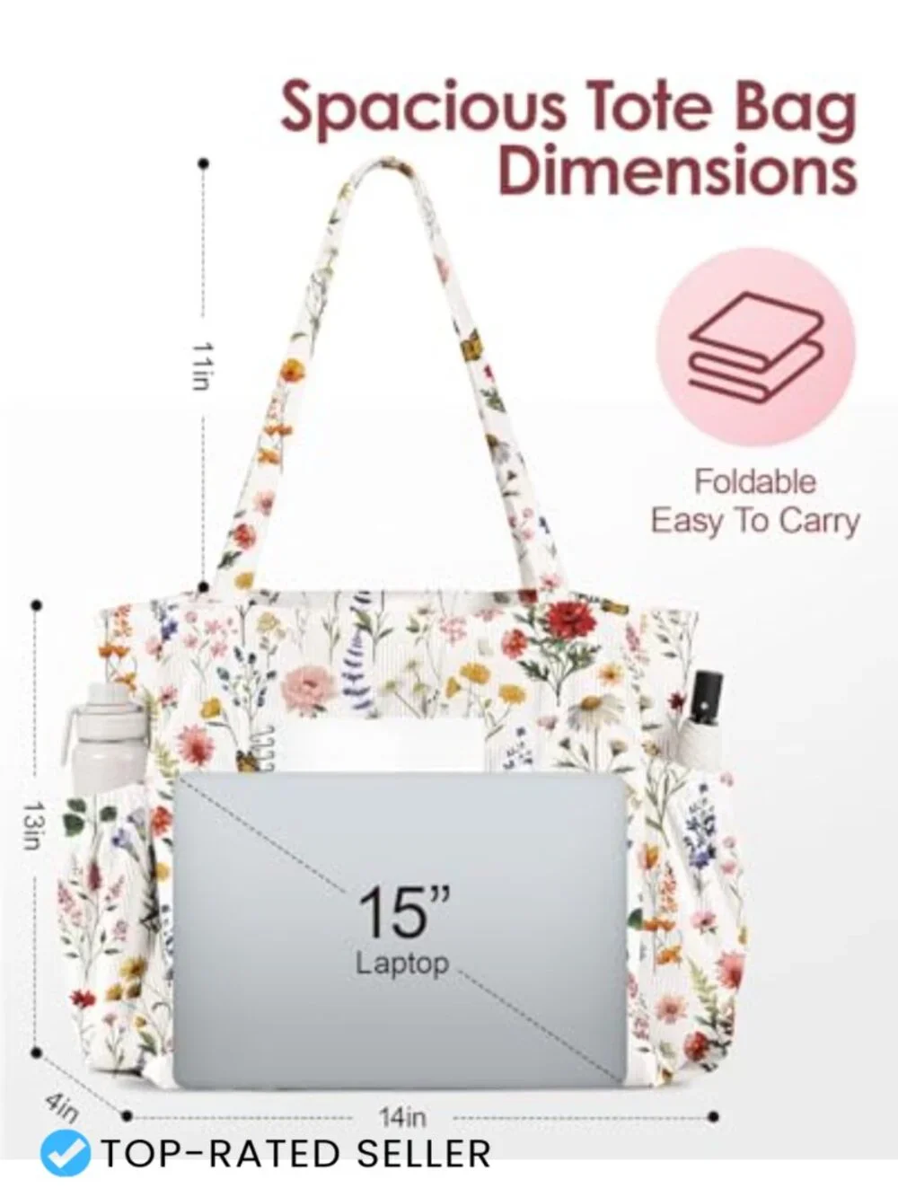 Large Corduroy Tote Bag with Zipper, Multi-Pocket Shoulder Bag